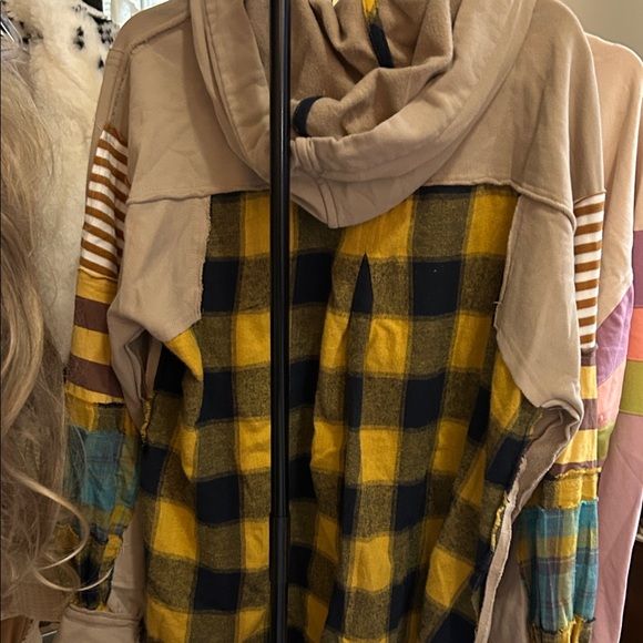 NWOT Easel Beige Hoodie with Stripe and Plaid Accents - Picture 3 of 4